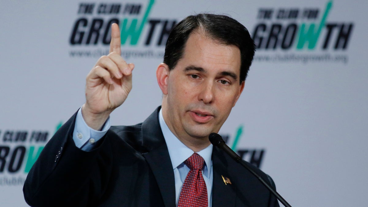  Wisconsin Gov. Scott Walker speaks at the winter meeting of the free market Club for Growth winter economic conference at the Breakers Hotel Saturday, Feb. 28, 2015, in Palm Beach, Fla.   (AP Photo/Joe Skipper) 