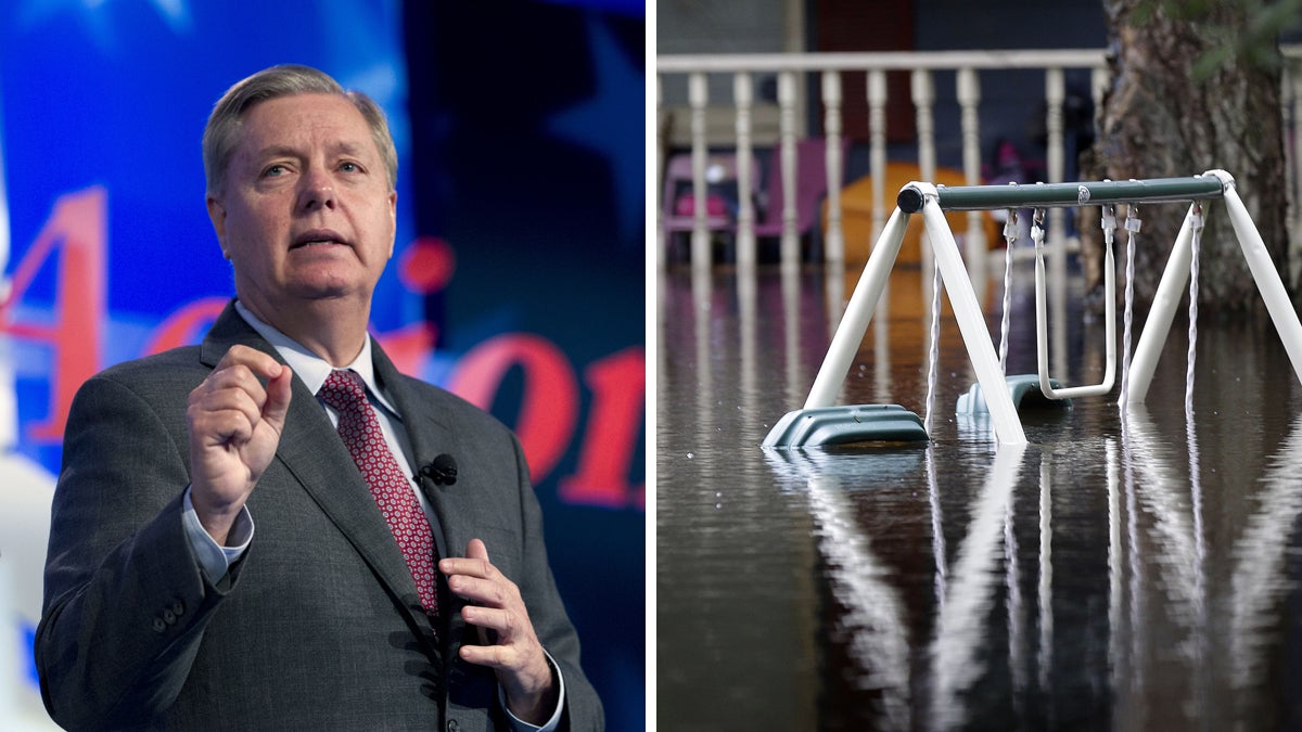  Left: Republican presidential candidate, Sen. Lindsey Graham, R-S.C. ( AP Photo/Jose Luis Magana, file) Right: A swing set is nearly covered in floodwater on Roundtree Road along the Lynches River in Effingham, S.C., Tuesday, Oct. 6, 2015. (AP Photo/Gerry Broome) 