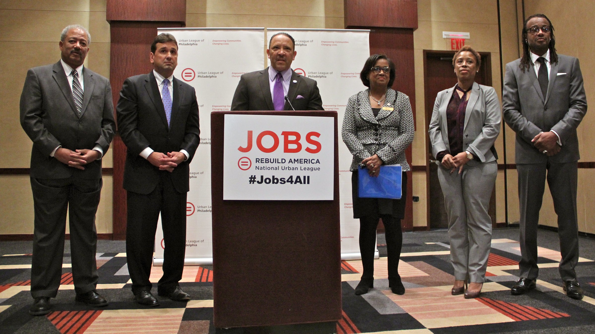  Marc Morial, president of the National Urban League, announces a five-year, $1 million commitment to building jobs in Philadelphia. (Emma Lee/WHYY) 
