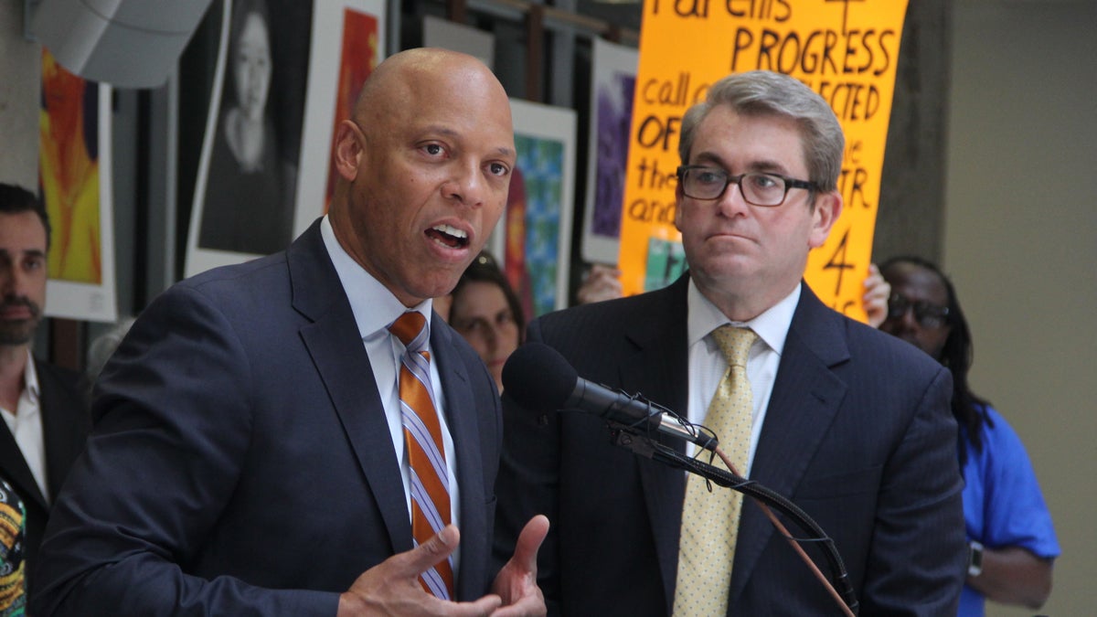  Ousted School Reform Commission Chairman Bill Green (right) stands beside Superintendent William Hite at a press conference calling for more school funding. (NewsWorks file photo) 