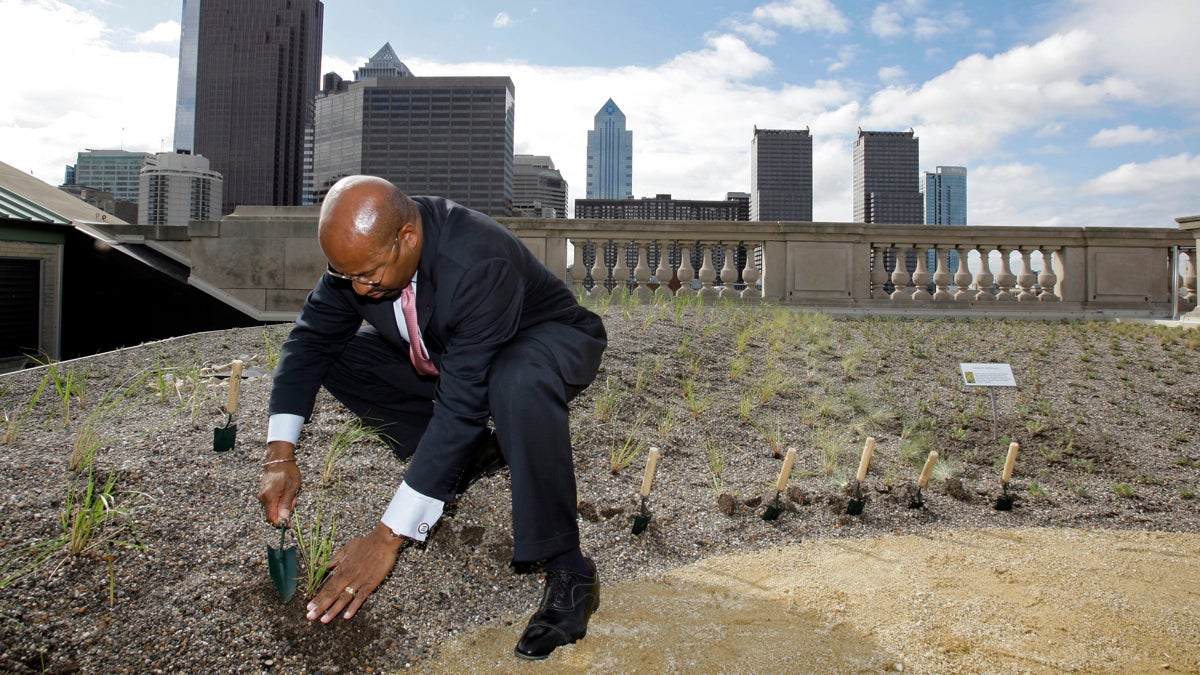 Mayor Michael Nutter places a plant into the roof of the Free Library of Philadelphia during a ceremony in 2008. (AP Photo/Matt Rourke)