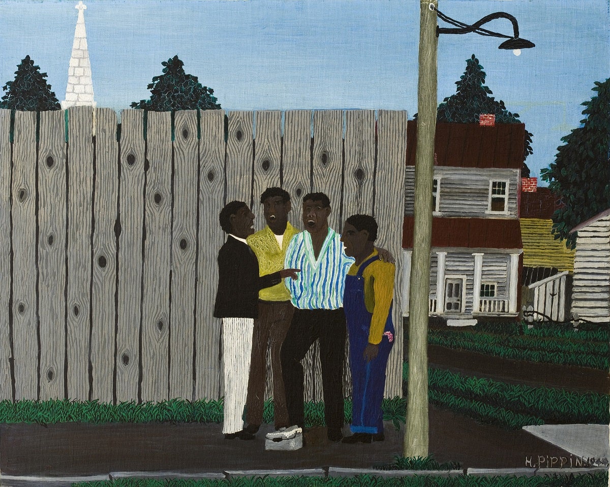  Harmonizing (1944) portrays an African American a cappella quartet singing on a street corner in West Chester, PA.(Photo courtesy of The Brandywine River Museum of Art) 