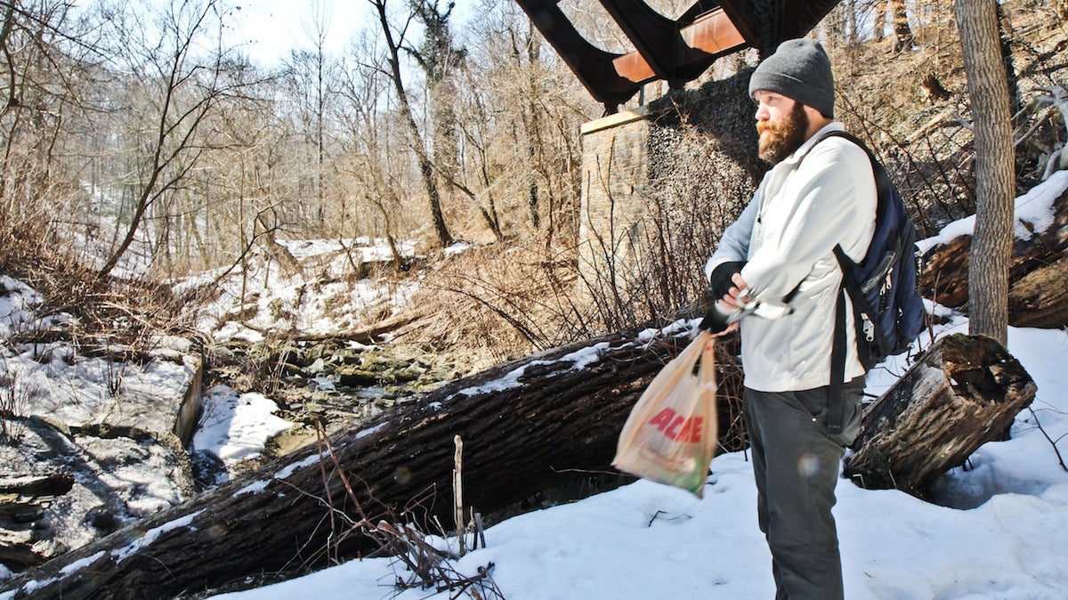  Since January, Bradley Maule has been hunting down trash in a 1,400-acre parcel of Fairmount Park as part of his yearlong 'One Man's Trash' effort. (Kimberly Paynter/WHYY) 