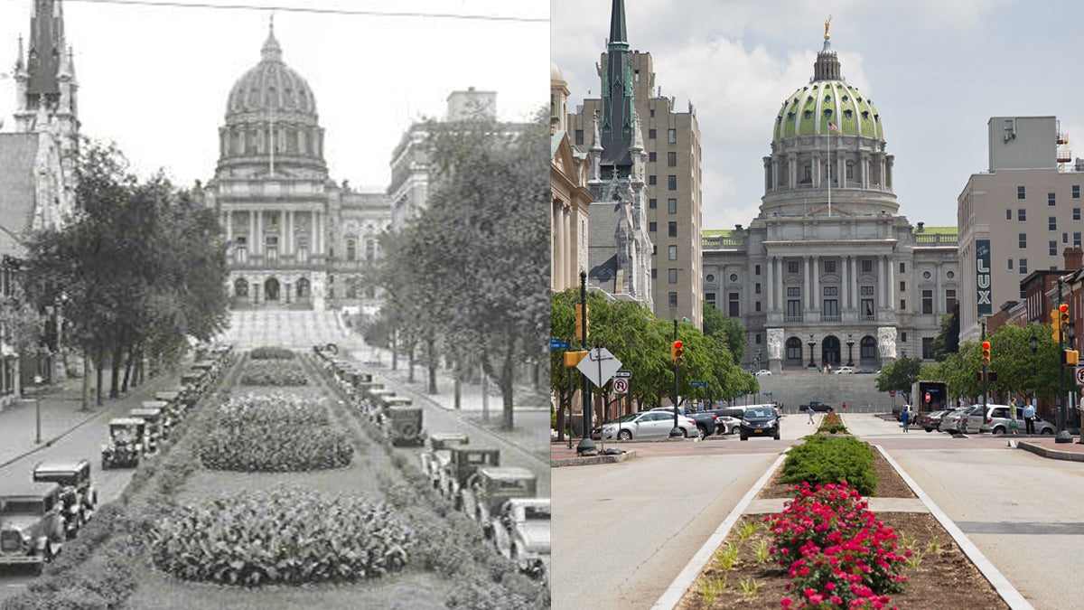  Pennsylvania’s state Capitol building seen from State Street in 1929 and in 2015.  