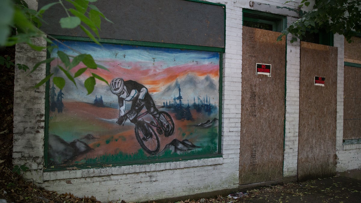  Artwork covering one window of a blighted building on Market Street in Harrisburg, Pa. (Lindsay Lazarski/WHYY) 