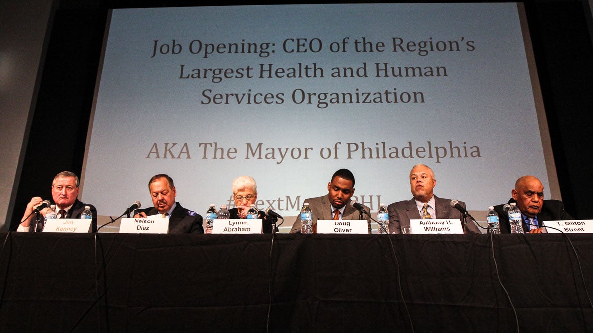  The mayoral candidates, shown here at the Health and Human Services Mayoral Forum, are fewer than three weeks away from the primary season. (Kimberly Paynter/WHYY) 