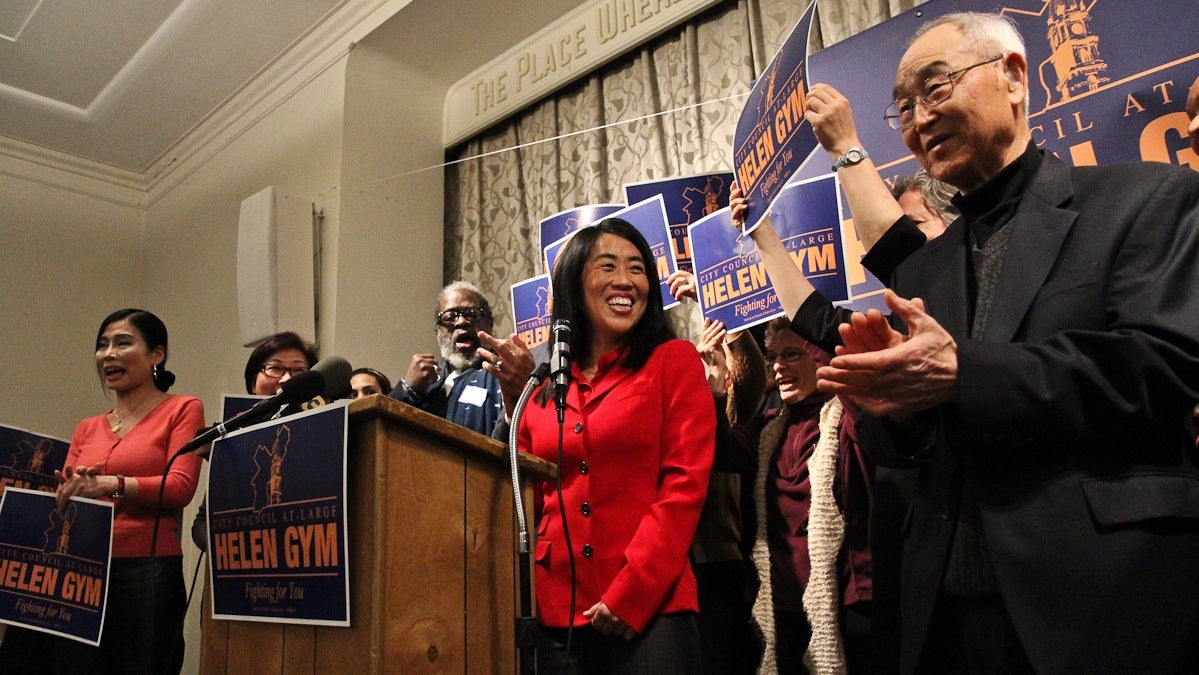  Helen Gym supporters chant 'run, Helen, run' at her official announcement for her City Council at-large run. She holds a narrow lead for the fifth and final Democratic spot on the fall ballot. (Kimberly Paynter/WHYY) 