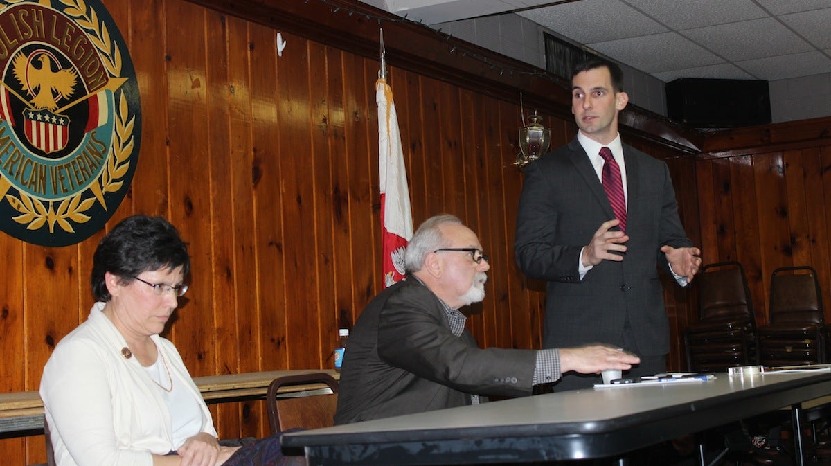  State Rep. Pam DeLissio and contender Dave Henderson at the forum on Tuesday night. (Janis Chakars/for NewsWorks) 