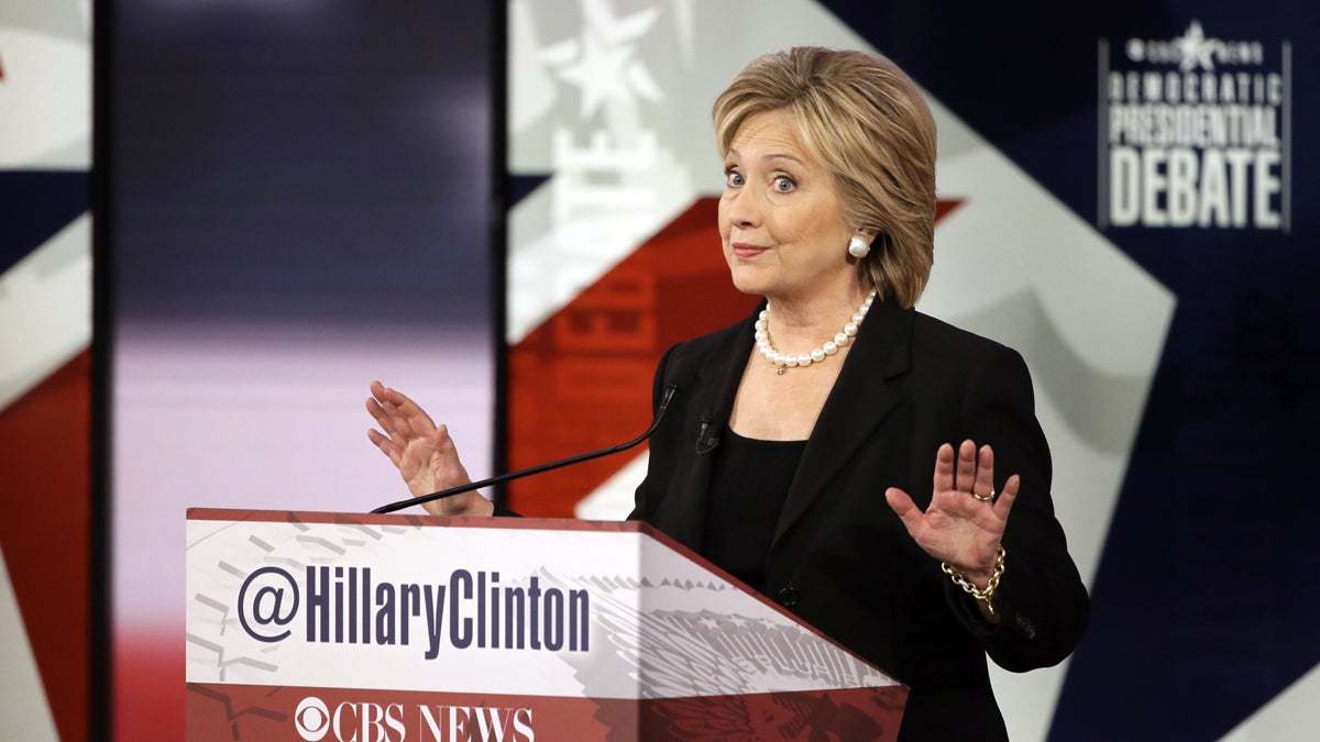  Hillary Rodham Clinton makes a point during a Democratic presidential primary debate, Saturday, Nov. 14, 2015, in Des Moines, Iowa. (AP Photo/Charlie Neibergall) 