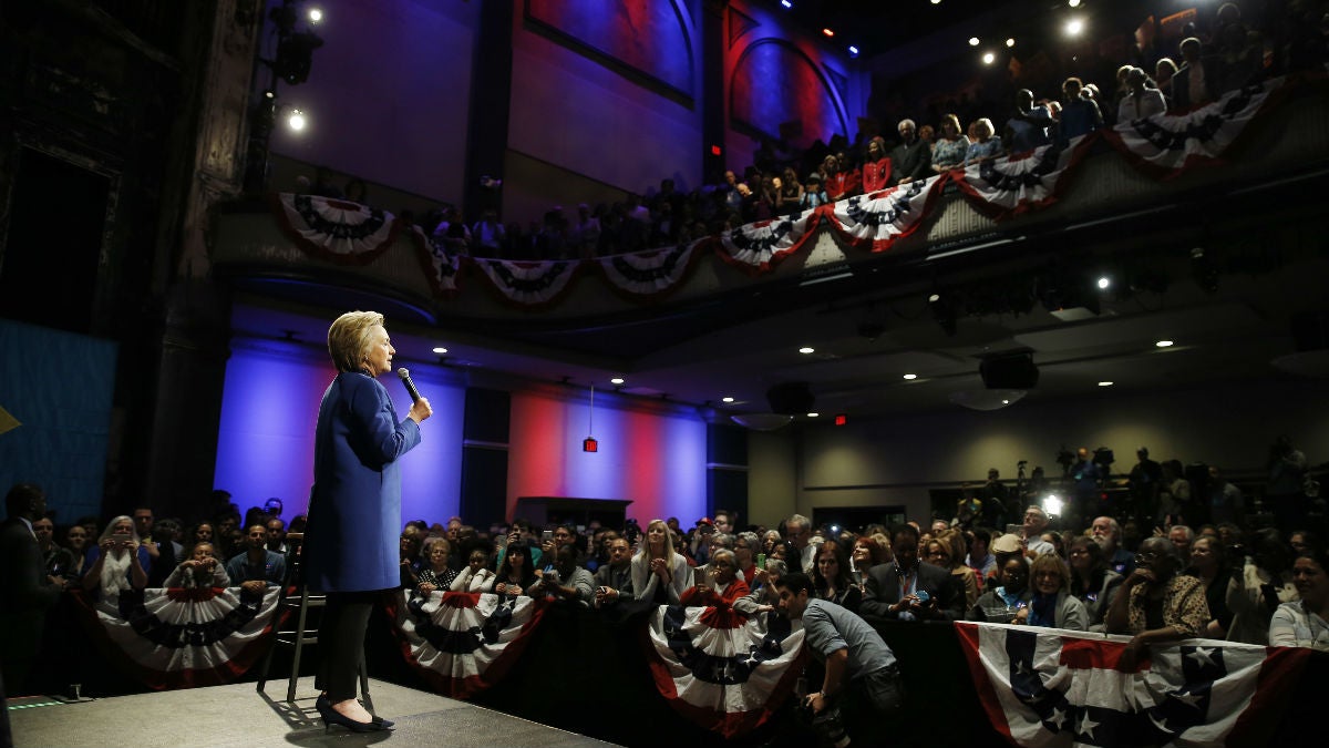 Democratic presidential candidate Hillary Clinton speaks during a campaign stop