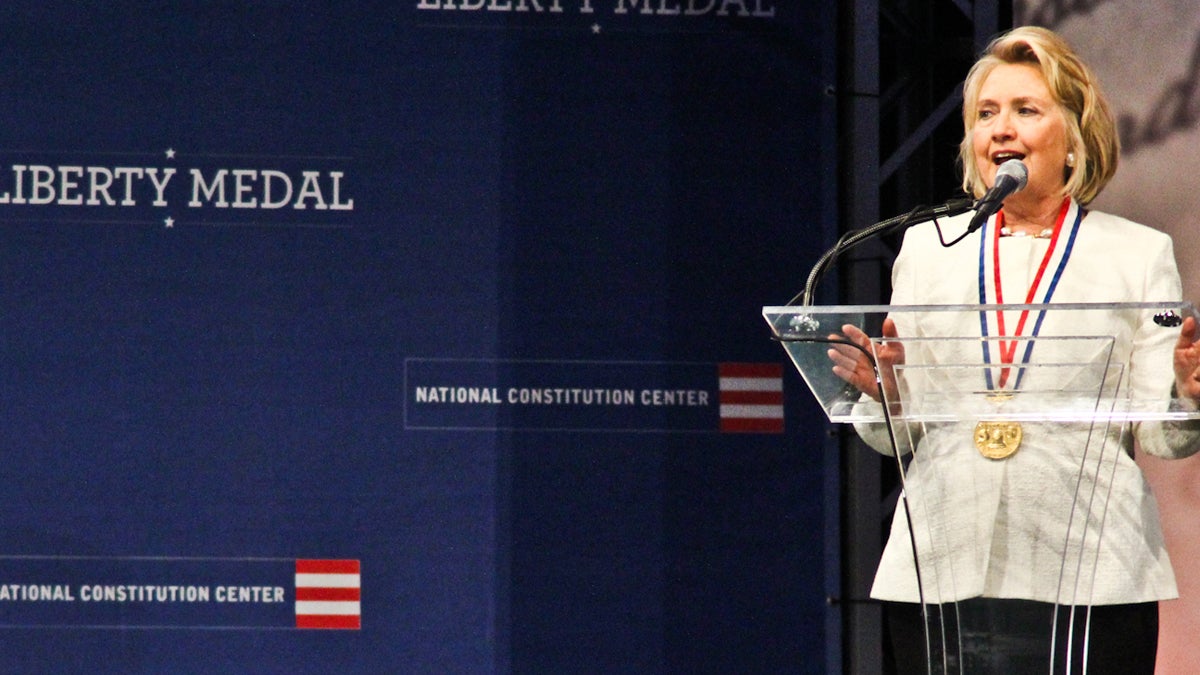  Hillary Clinton speaks at the 2013 Liberty Medal Ceremony at the National Constitution Center in Philadelphia. (Kimberly Paynter/WHYY) 