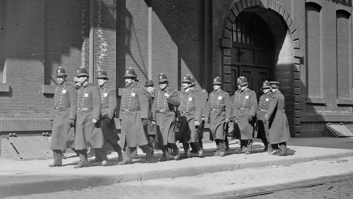 Large cities began offering pensions to police officers and firefighters in the 1800s. In the photograph, police patrol marching outside Baldwin Locomotive Works in Philadelphia, Pa. circa 1910. (Image courtesy of the Library of Congress) 