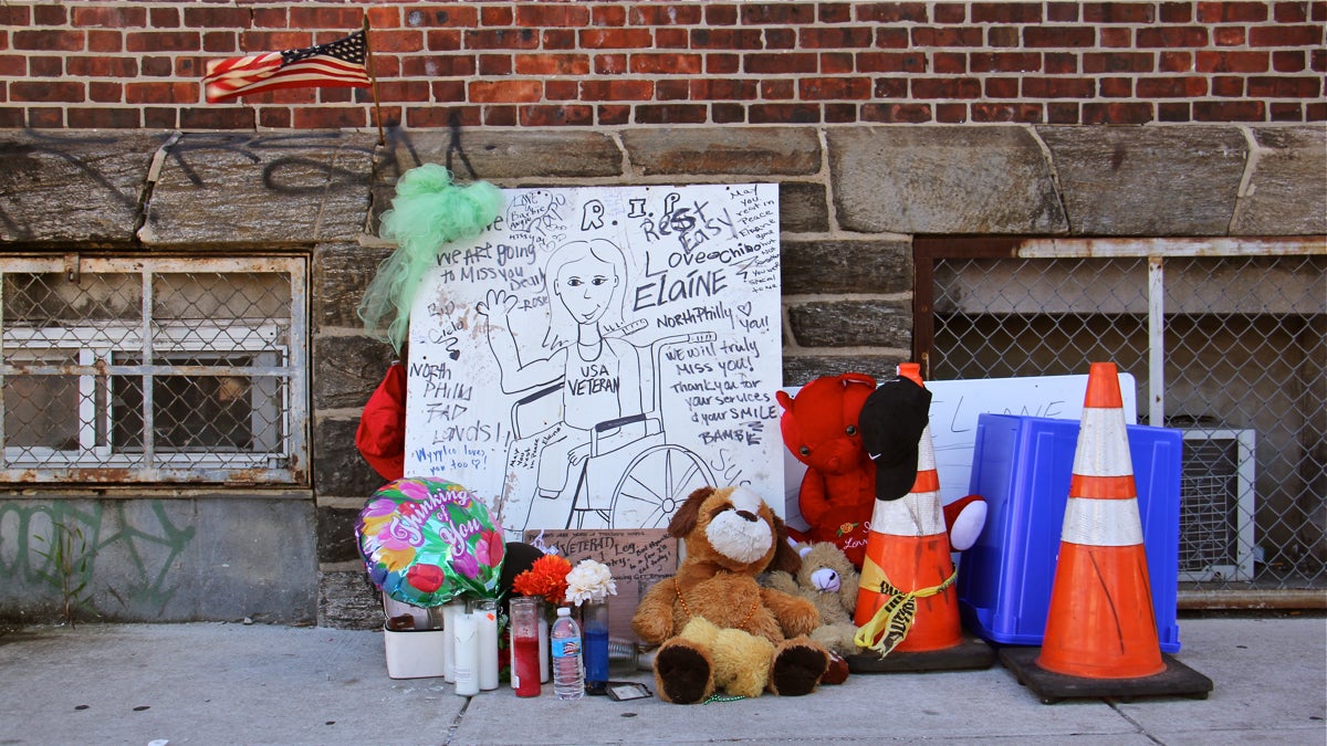 A memorial to Elaine Heyl stands at the corner of Lehigh Avenue and Mascher Street