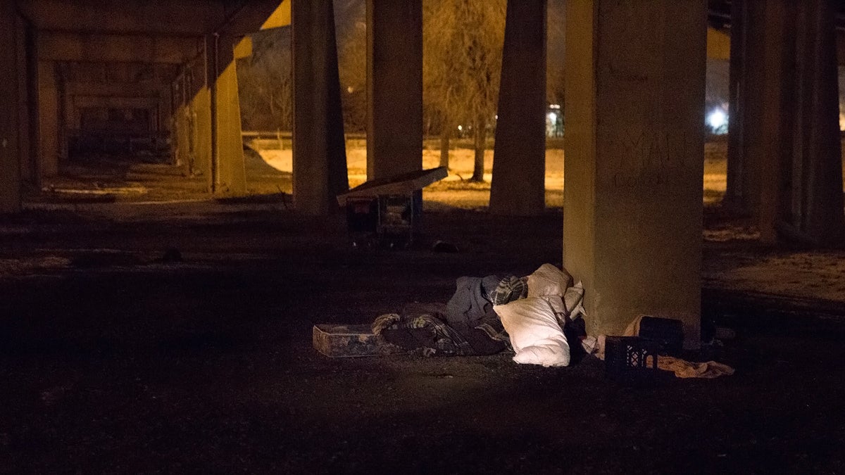  An empty bed is found underneath an overpass near the Walt Whitman Bridge as part of the 2014 Point-in-Time Homeless Count in Philadelphia, Pa.  (Lindsay Lazarski/WHYY)   