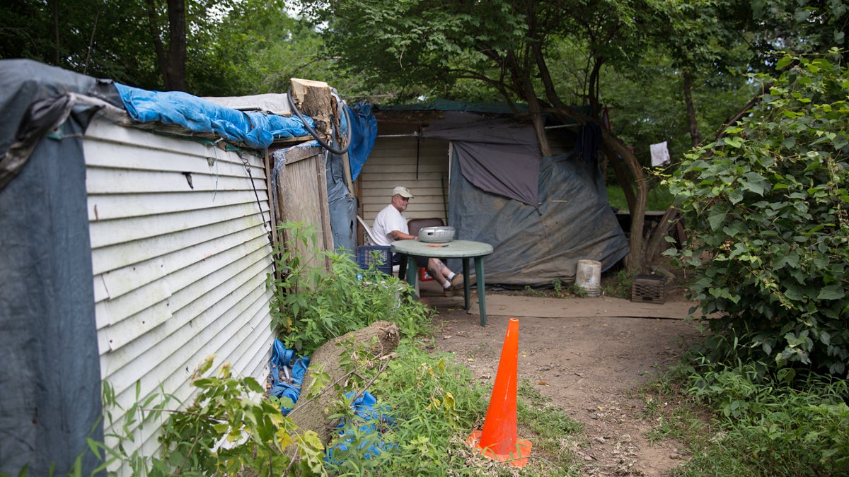  Dave Ritchie, a plumber by trade, lived in a shelter in the woods in Allentown, Pa. In Pennsylvania, the number of people living outside has increased since 2011. (Lindsay Lazarski/WHYY) 