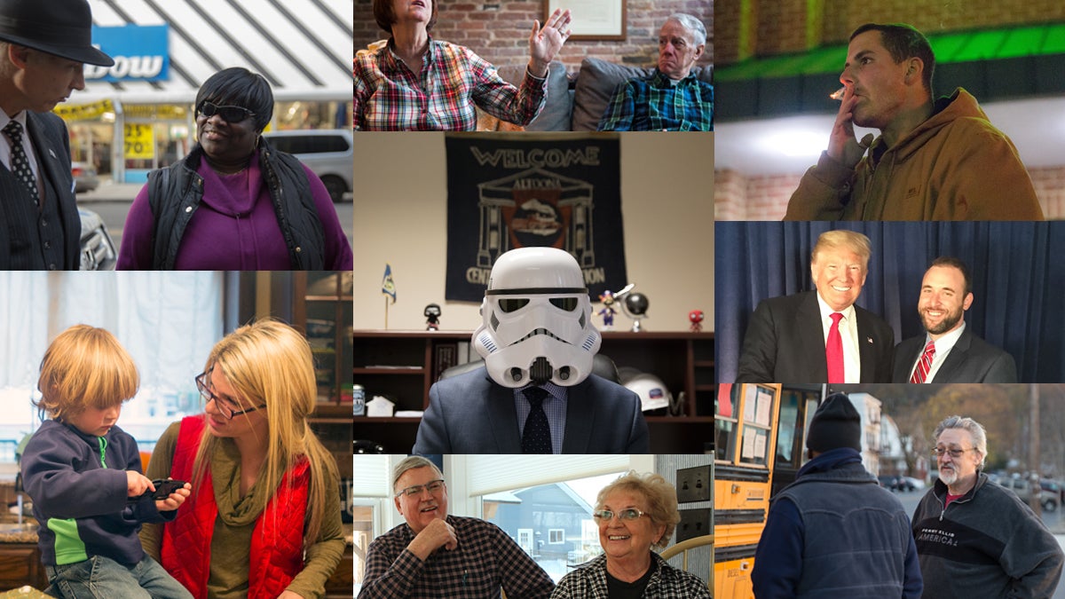 Clockwise from left to right: Daphne Goggins, Penny and Thomas Stenger, Ben Hornberger, Dr. Seth Kaufer and President elect Donald Trump, James Bower, Phil and Marian Spotts, Jessica and Hunter Tirpak, and (center) Mayor Matt Pacifico. (Lindsay Lazarski, Jessica Kourkounis, Margaret Krauss/Keystone Crossroads)