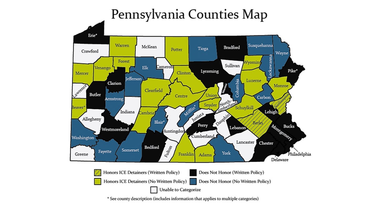  Since this map was published, Allegheny County has instituted a written policy to not honor ICE detainers. (Map courtesy of Temple University Beasley School of Law and Sheller Center for Social Justice) 