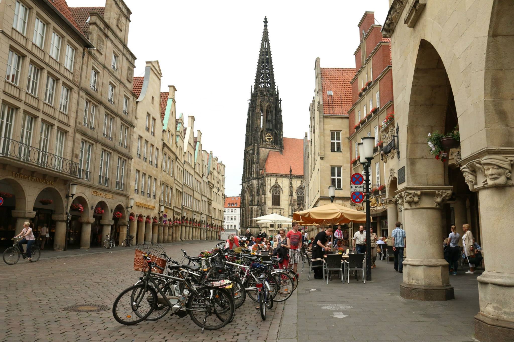  Bikes parked in front of Lambertikirche (St. Lambert's Church)in—  Münster.. (Marielle Segarra/WHYY)  
