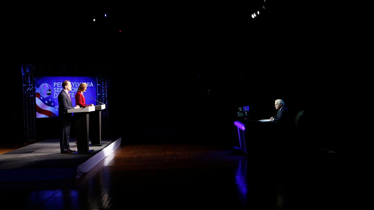  Pennsylvania U.S. Senate candidates Republican Sen. Pat Toomey, left, and Democrat Katie McGinty take part in a debate moderated by Action News anchor Jim Gardner, right, at Temple University in Philadelphia, Monday, Oct. 24, 2016. (AP Photo/Matt Rourke) 