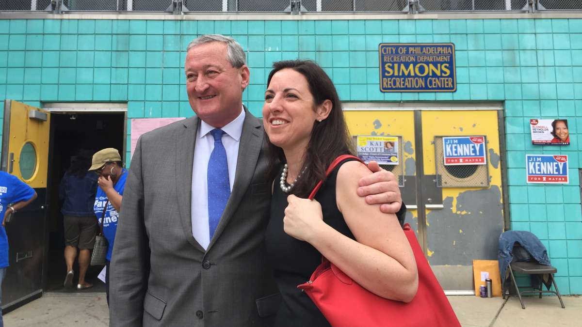  Mayoral candidates Jim Kenney and Melissa Murray Bailey, shown here outside a West Oak Lane polling place on primary day, agree that city streets should be cleaned up regularly. (Brian Hickey/WHYY) 