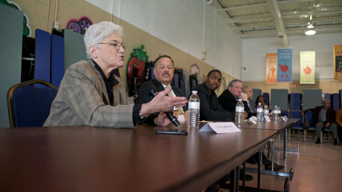  Mayoral candidates Lynne Abraham, Nelson Diaz, Doug Oliver, Jim Kenney and Anthony Williams fielded questions from a Northwest Philadelphia crowd in the cafeteria of the West Oak Lane Charter School on Saturday. (Bas Slabbers/for NewsWorks) 
