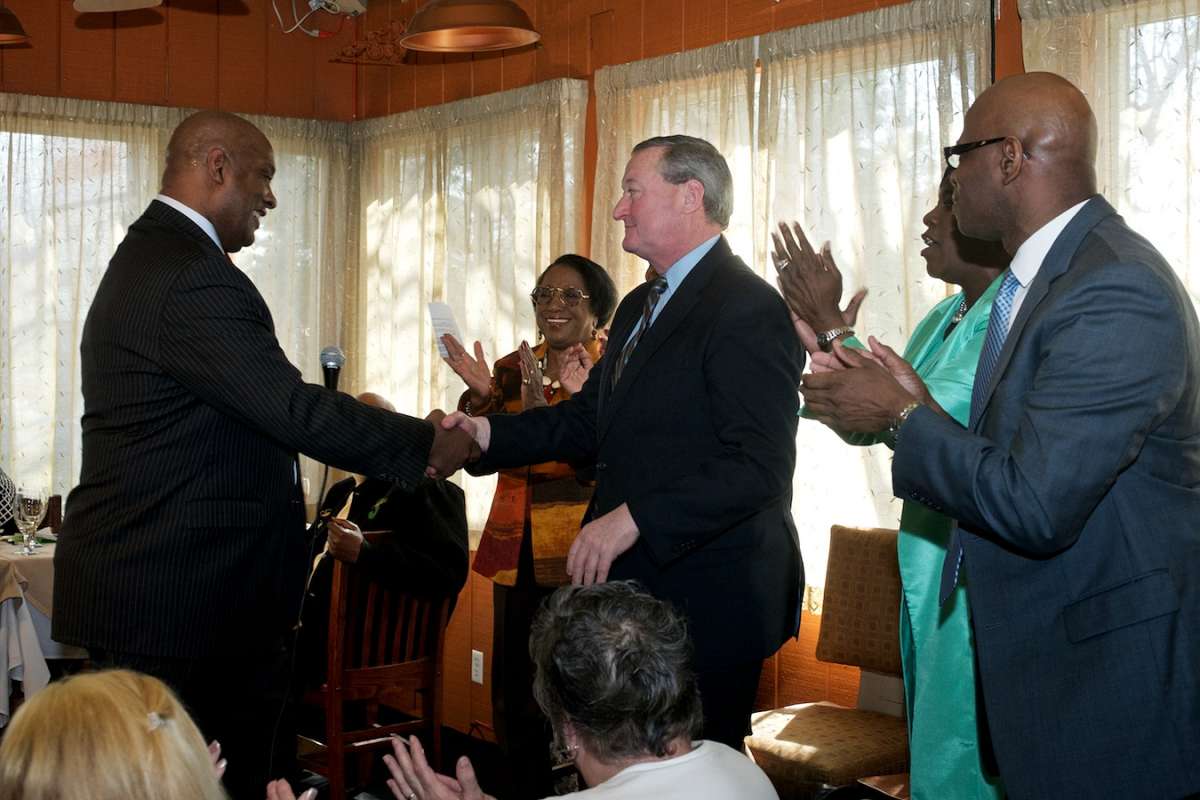  State Rep. Dwight Evans, who ran for mayor eight years ago, shakes Jim Kenney's hand at last week's endorsement event in West Oak Lane. That event features prominently in a new campaign ad. (Bastiaan Slabbers/for NewsWorks) 