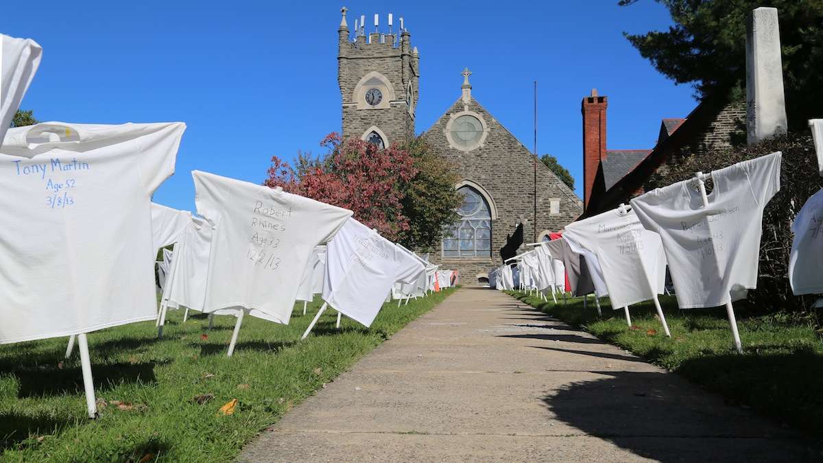  The 'Memorial To The Lost' exhibit was spread out on the front lawn of St. Michael's Lutheran Church in Mt. Airy as a memorial to those killed by guns in Philadelphia in 2013. (Natavan Werbock/for NewsWorks) 