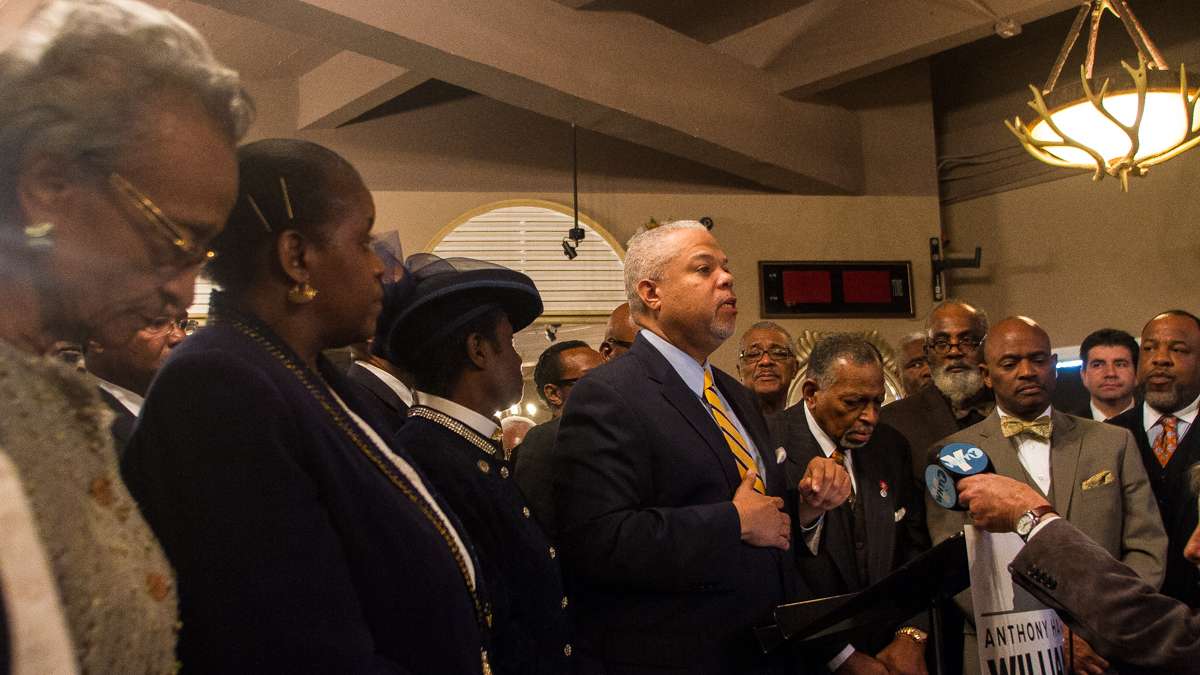  Mayoral candidate Anthony Hardy Williams speaks to Black Clergy of Philadelphia and Vicinity members after receiving the group's endorsement on Thursday. (Brad Larrison/for NewsWorks) 