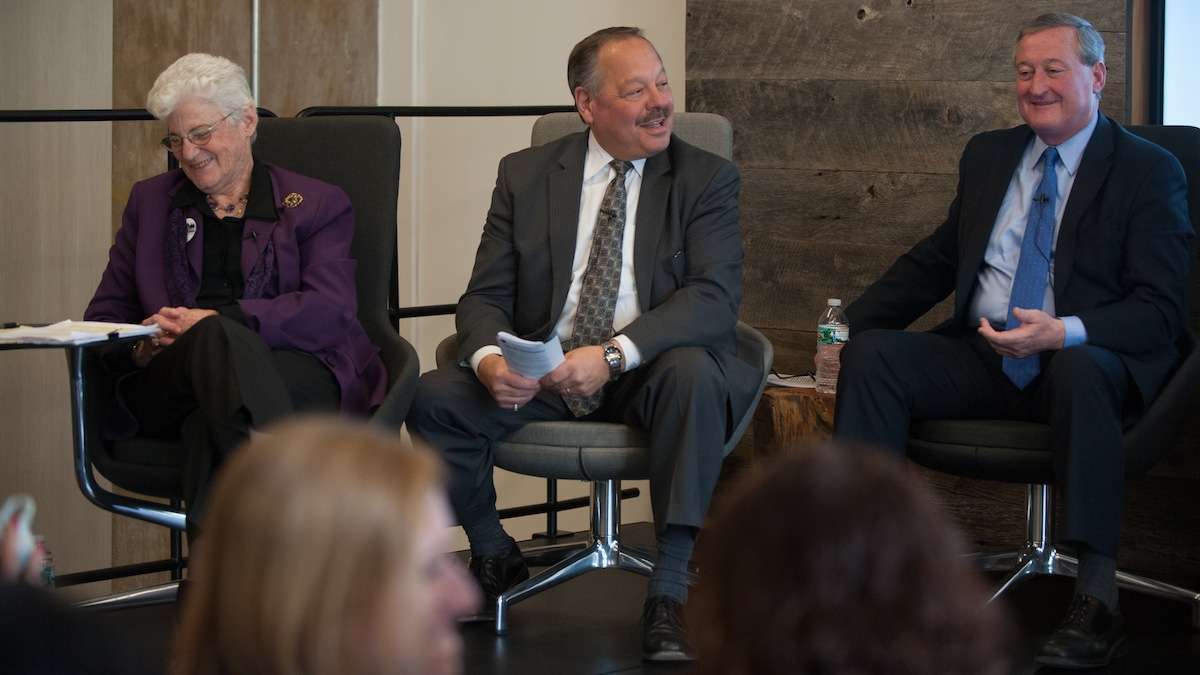  Laughs were had by all when Nelson Diaz asked whether Jim Kenney had his microphone intentionally turned off at a primary-race mayoral forum. (Tracie Van Auken/for NewsWorks) 