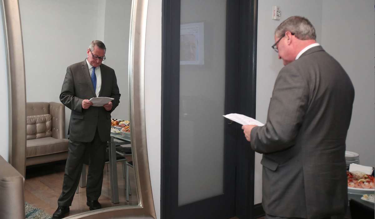  Jim Kenney prepares to deliver his victory speech after winning the Democratic mayoral primary on May 19. (Stephanie Aaronson/via The Next Mayor Partnership) 