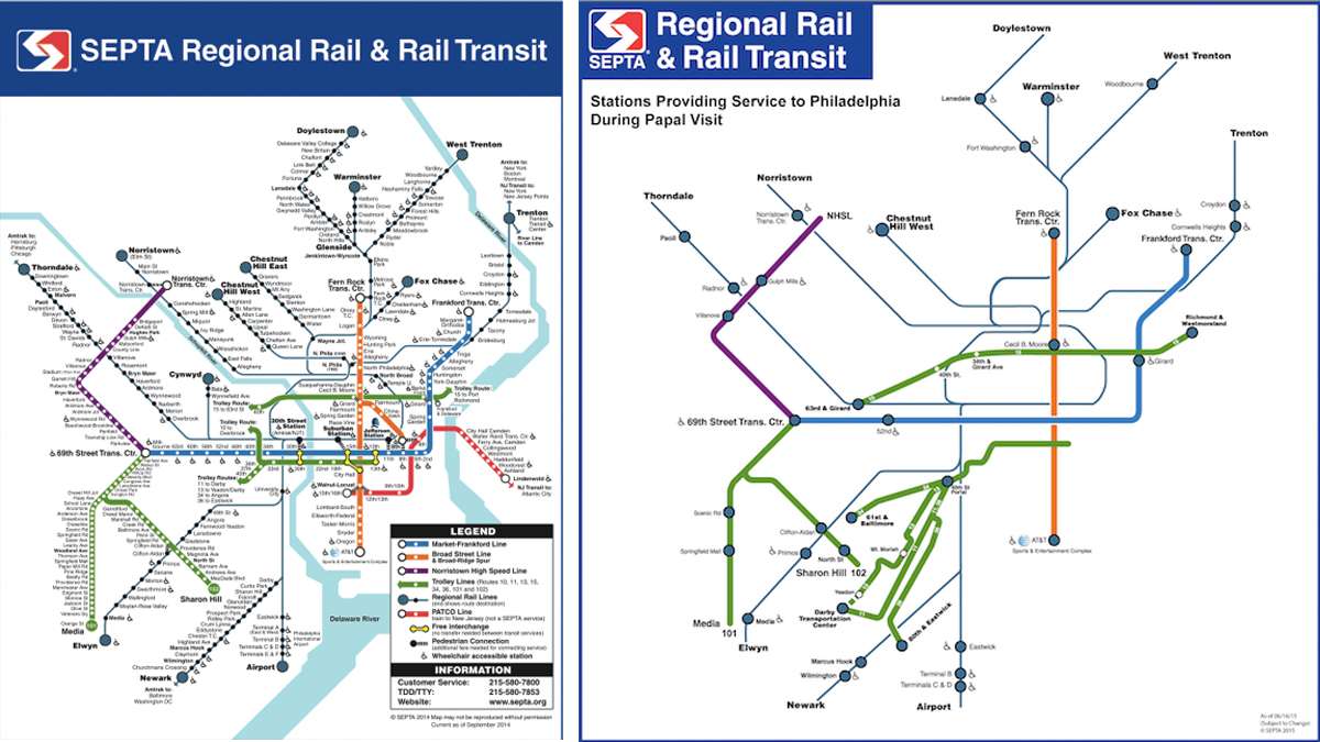 A SEPTA system map, left, and a  World Meeting of Families SEPTA rail pickup location map,right. Just 31 stations will admit passengers, compared with the 282 stations generally operating. (Maps courtesy of SEPTA) 