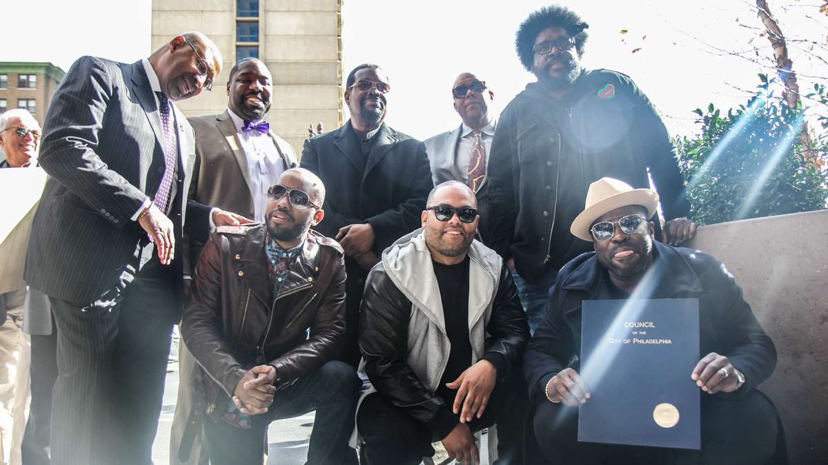  Mayor Michael Nutter congratulates members of the Roots. The band was one of this year's inductees into Philadelphia's Walk of Fame, honoring musicians and other artists on South Broad Street. City Council is considering creating a commission to bolster the city as a center for the music idustry.(Kimberly Paynter/WHYY) 
