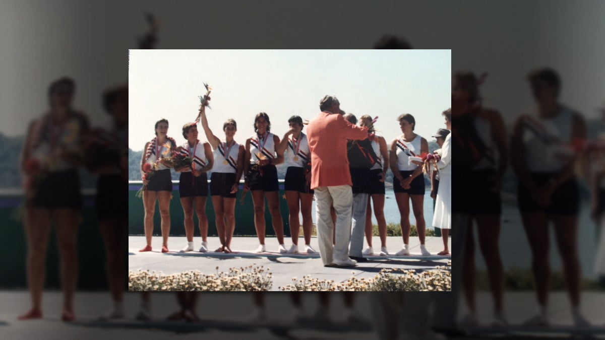 Carol Bower (third from left) won an Olympic Gold Medal in rowing in 1984. Bower now coaches rowing at Bryn Mawr College. (Photo courtesy of Carol Bower)