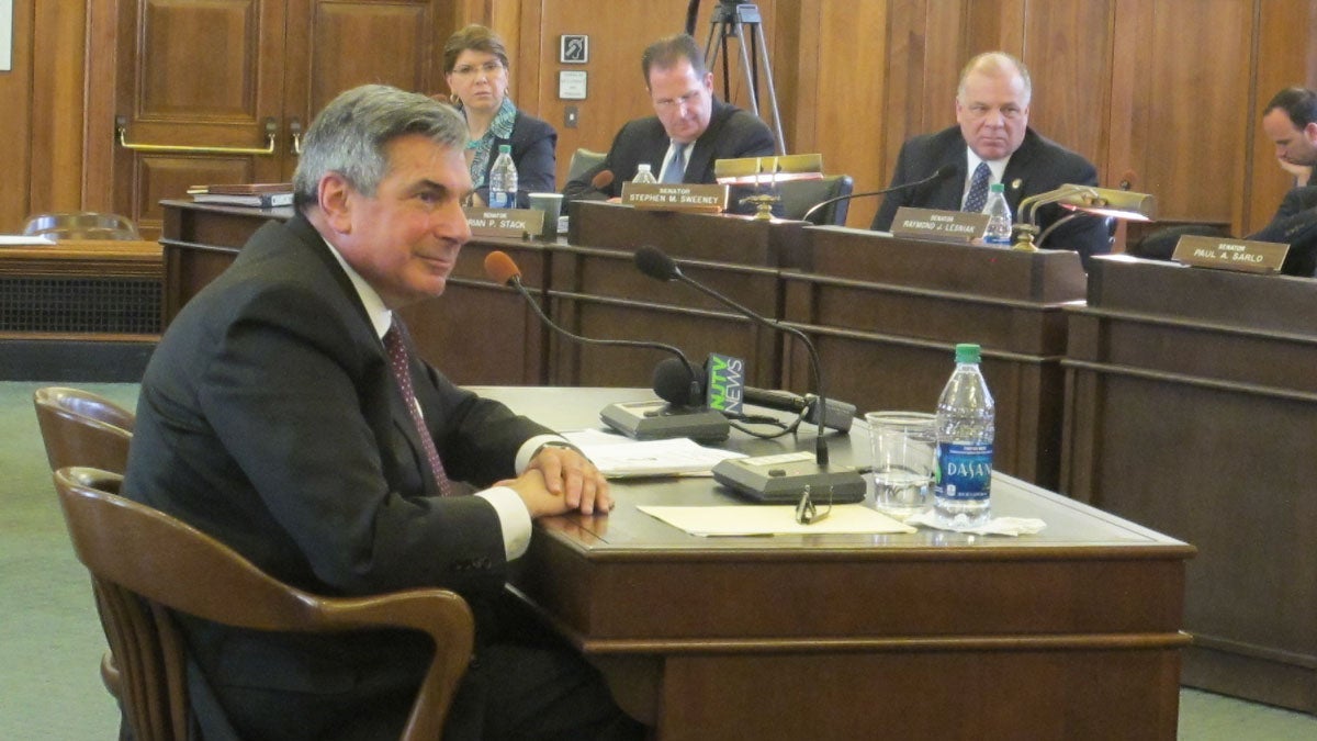 New Jersey Supreme Court nominee Walter Timpone answers lawmakers questions at his confirmation hearing before the state Senate Judiciary Committee.(Phil Gregory/WHYY)