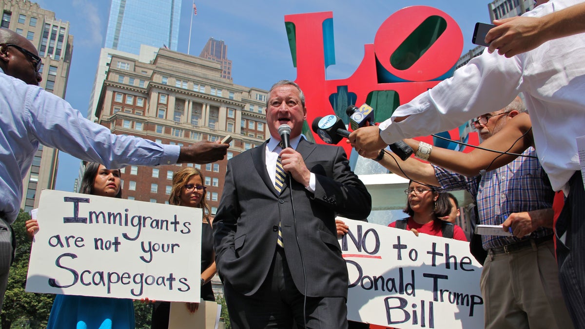  Mayoral candidate Jim Kenney speaks at Wednesday's immigration rally. (Emma Lee/WHYY) 