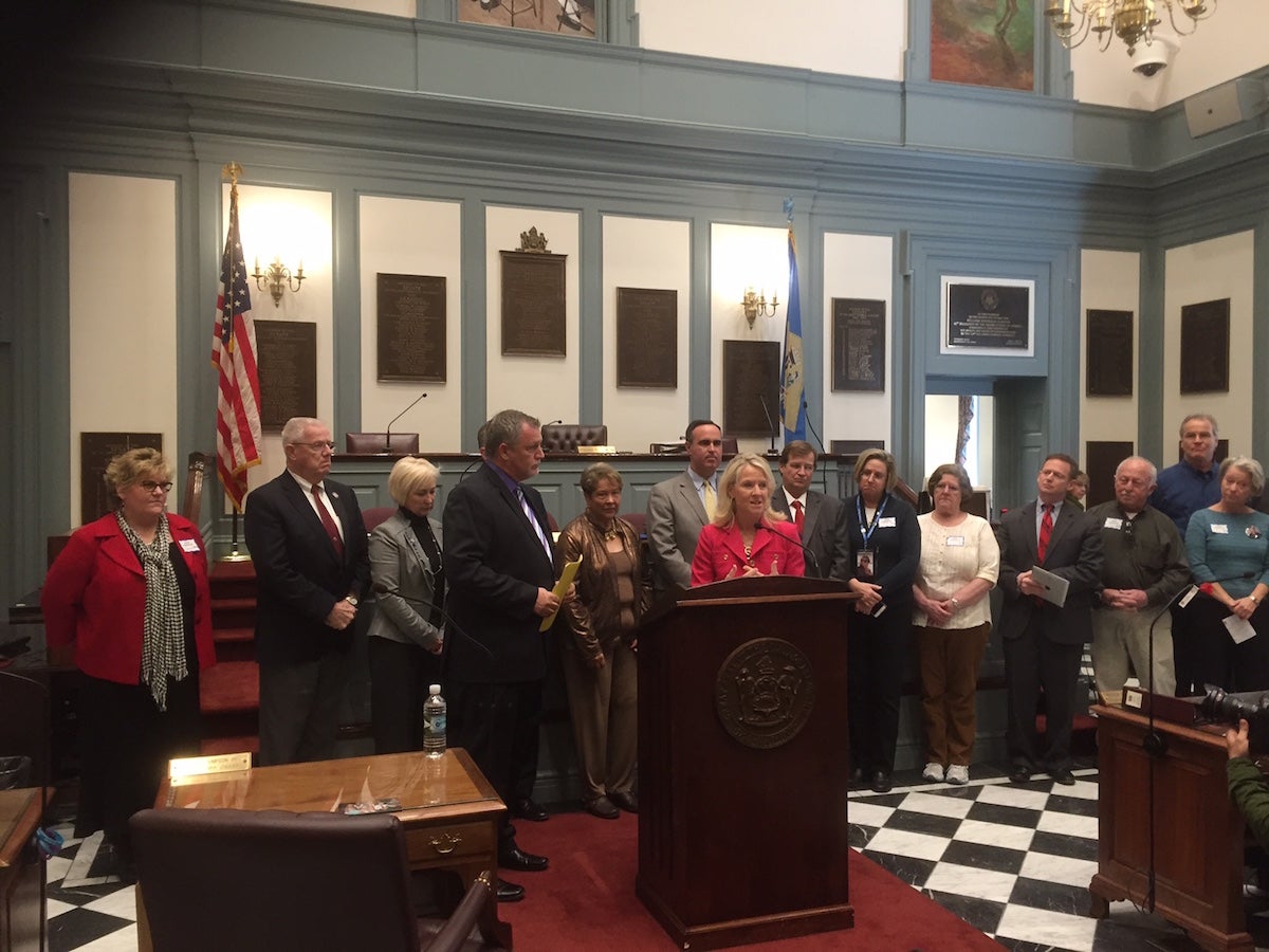  Members of the House and Senate, as well as health officials, advocates and families of overdose victims, announced the legislation at Legislative Hall in Dover. (Zoe Read/WHYY) 
