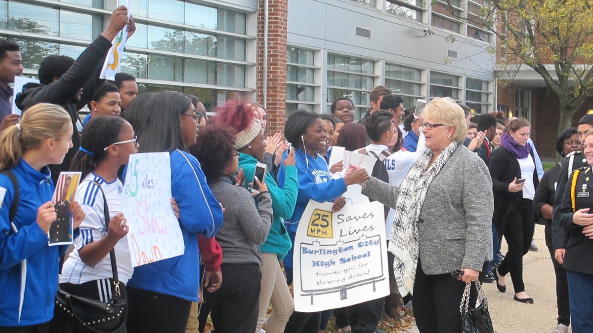 New Jersey state Sen. Diane Allen greets students at Burlington City High School Monday where she called for a round-the-clock speed limit of 25 mph in school zones. She named her bill 