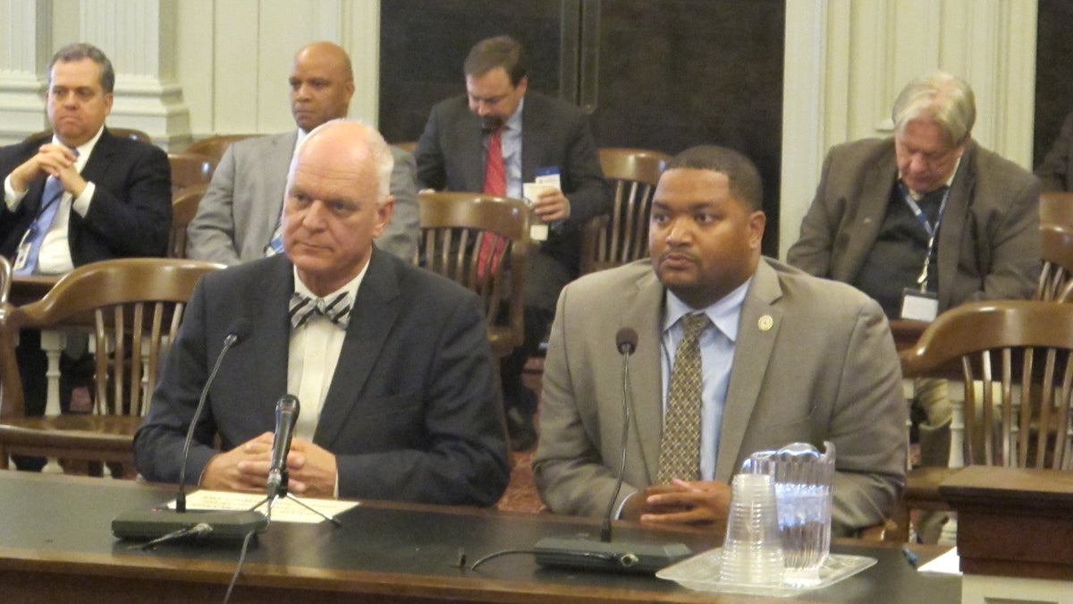 Atlantic City Mayor Don Guardian and Council President Marty Small brief the New Jersey Assembly Judiciary Committee Wednesday on the city’s plan to fix its financial problems and avoid a state takeover. (Phil Gregory/WHYY)
