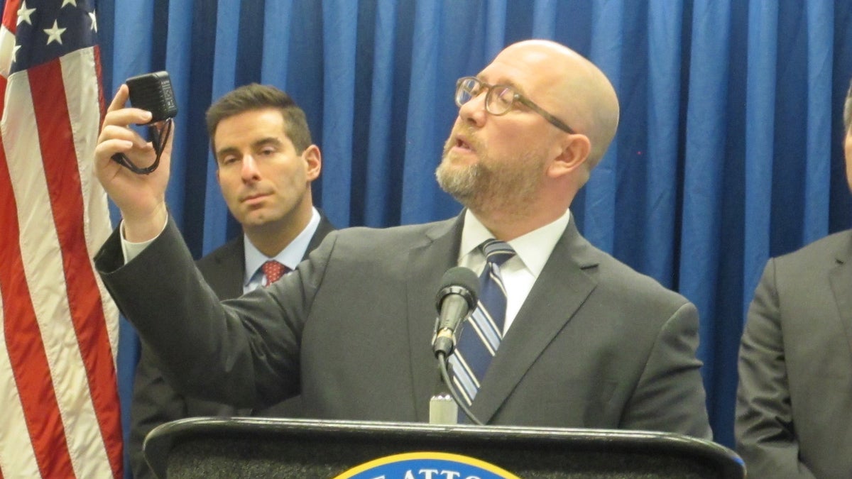 New Jersey Attorney General Chris Porrino unveils the “Safe Care Cam” program. (Phil Gregory/WHYY)