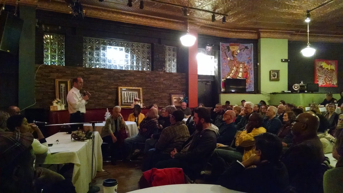  Captain John Fleming of the 14th District addressing the crowd at 7165 Lounge on Wednesday night. (Daniel Pasquarello/for NewsWorks) 