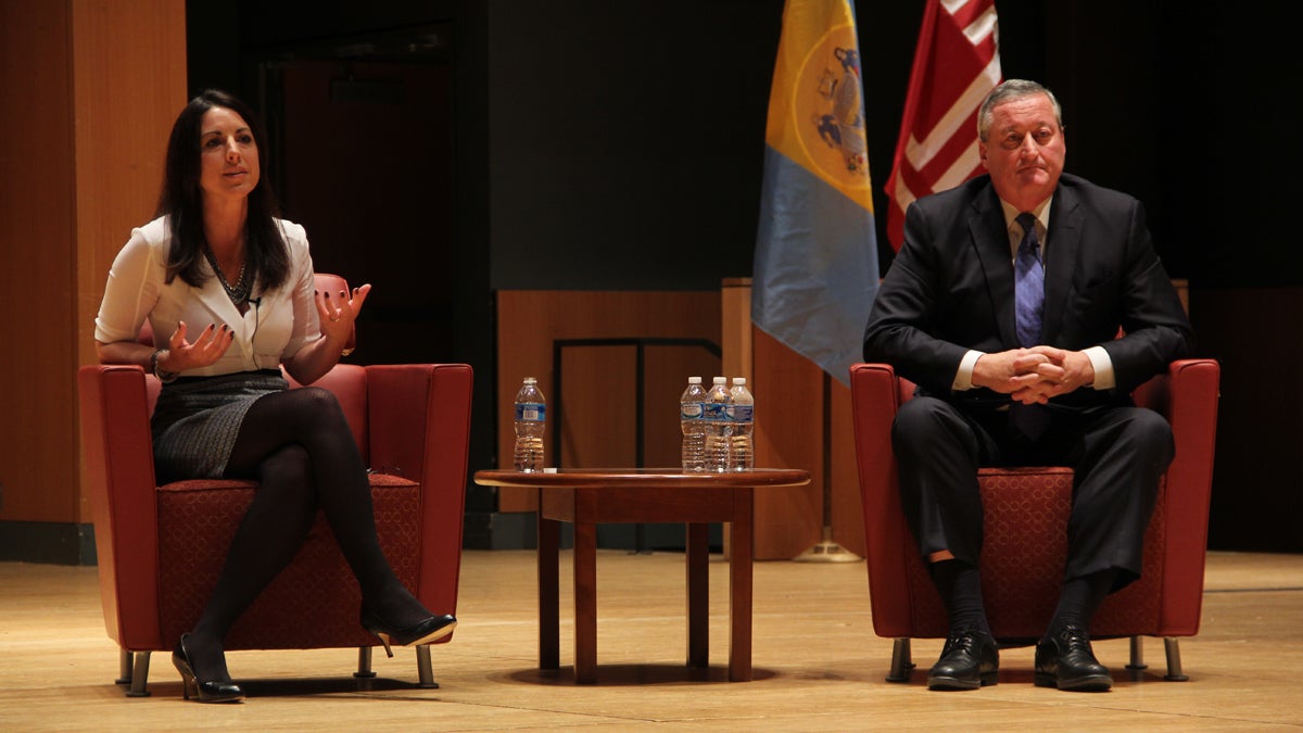  Philadelphia mayoral candidates Melissa Murray Bailey and Jim Kenney debate Monday night at Temple University. (Emma Lee/WHYY) 