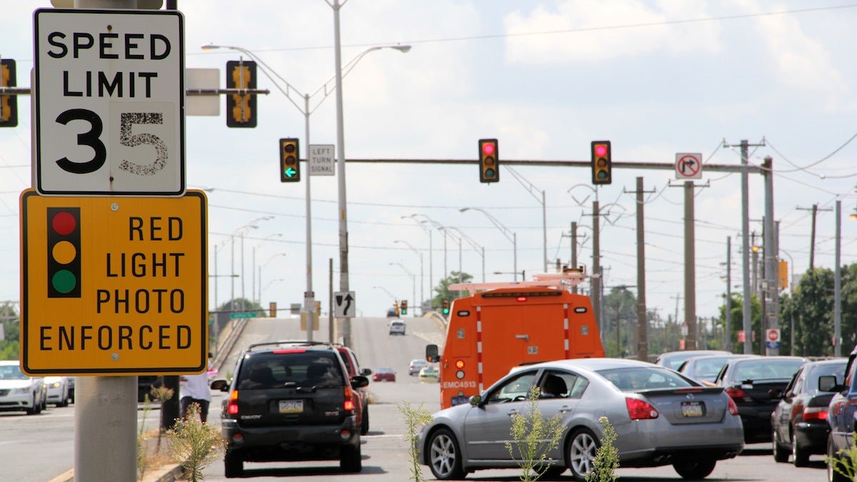  This sign warns drivers about traffic violation enforcement cameras at Island Avenue and Lindbergh Boulevard. (Emma Lee/for NewsWorks, file) 