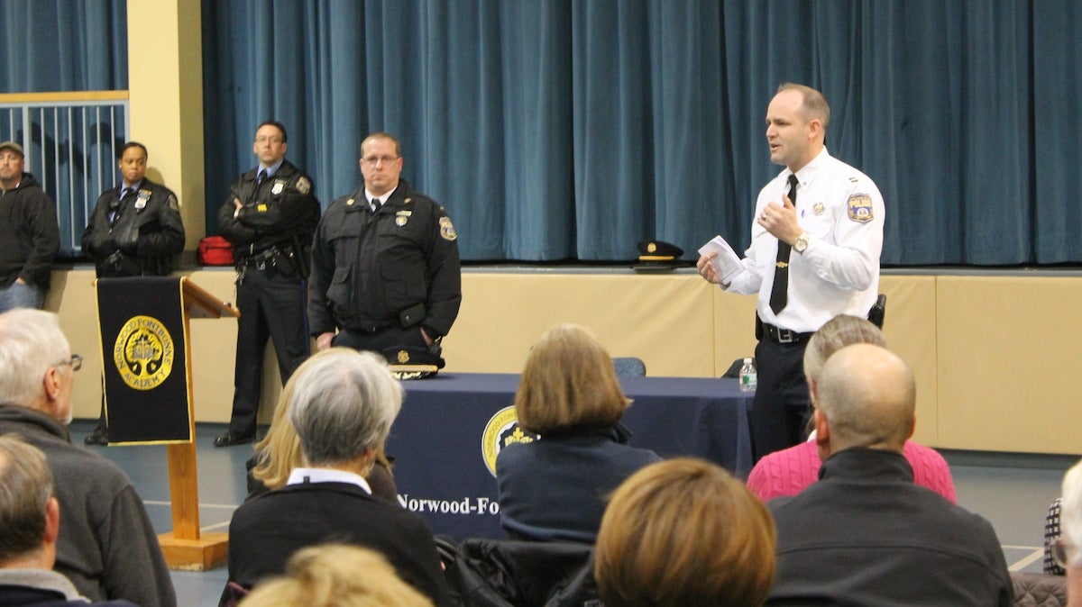  Captain John Fleming of the 14th Police District addresses Chestnut Hill residents at a recent meeting held at the Norwood Fontbonne Academy. (Matt Grady/for NewsWorks) 