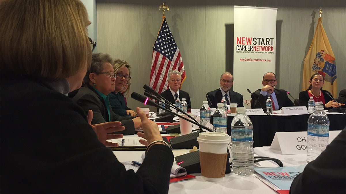  New Jersey resident Shelley Young described her struggle with unemployment to U.S. Secretary of Labor Thomas Perez (second from right) as well as other government officials and workforce professionals during a roundtable discussion at Rutgers University. (Joe Hernandez/WHYY) 