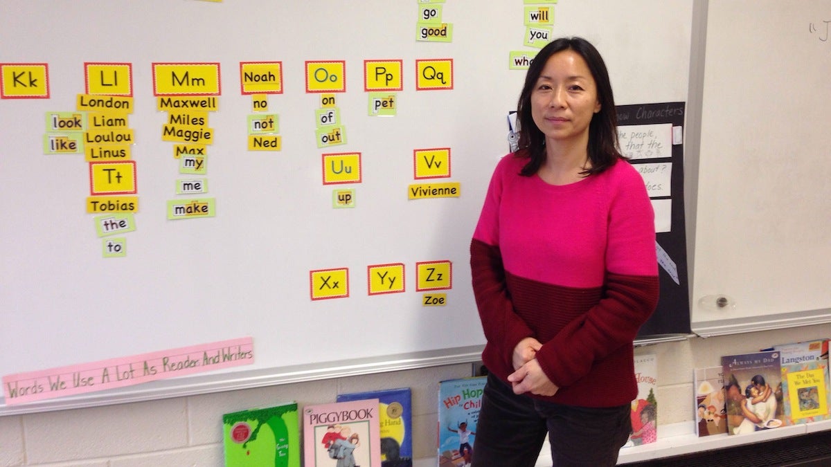  Claire Yoo in her classroom at Germantown Friends School. (Neema Roshania/WHYY) 