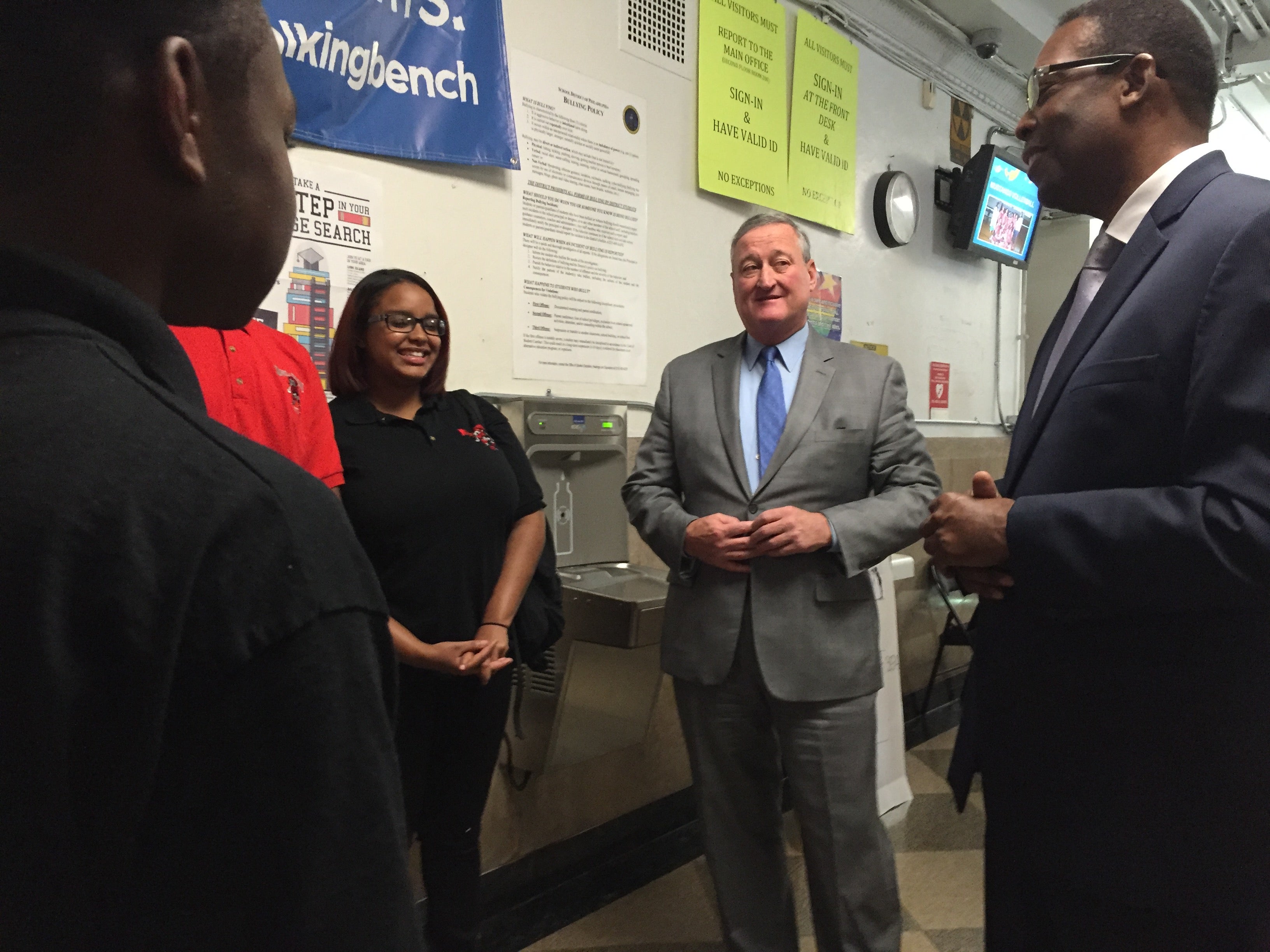 Mayor Jim Kenney and City Council President Darrell Clarke talk to students on first day of school. (Avi Wolfman-Arent/WHYY)