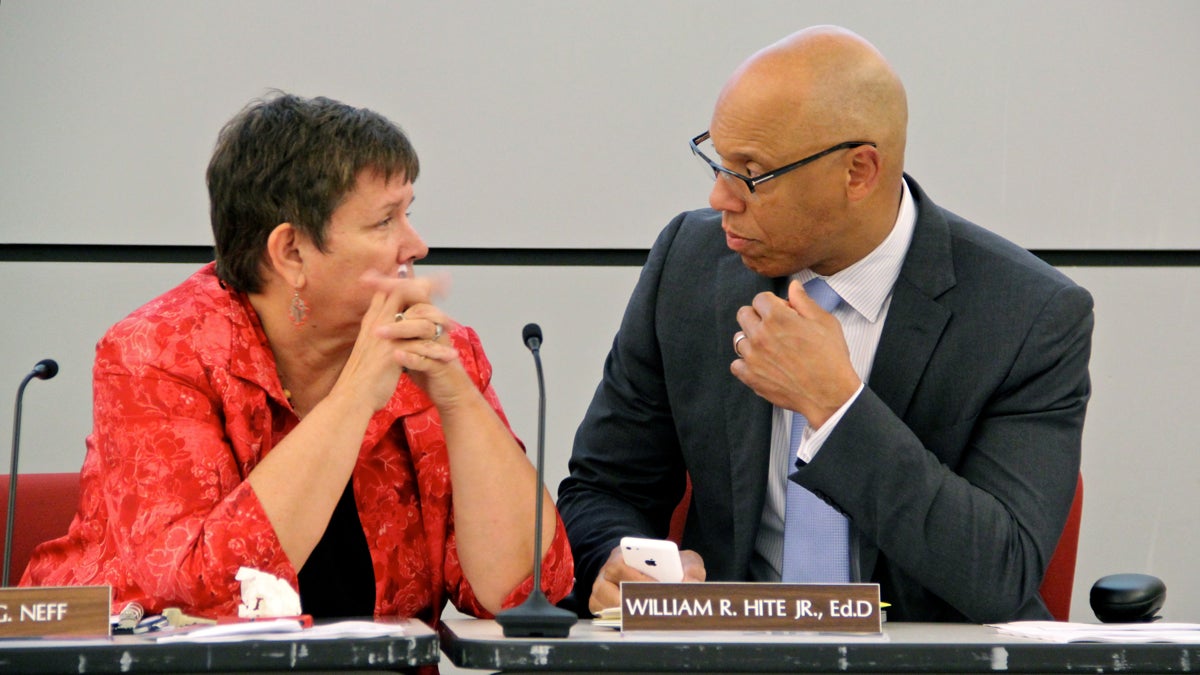  Superintendent William Hite confers with SRC Chairman Marjorie Neff during a previous charter school hearing (Emma Lee/WHYY) 