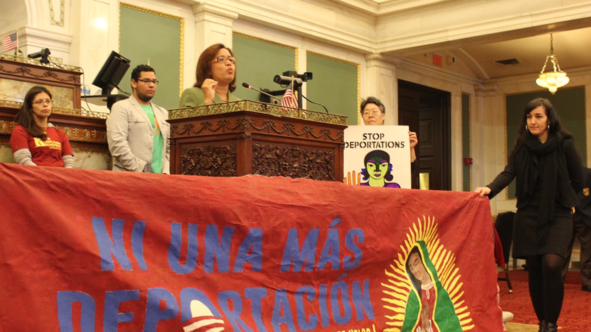  Philadelphia City Councilwoman Maria Quiñones-Sanchez addresses City Council on Thursday, Feb. 20, 2014. Accompanied by immigrant advocates, Sanchez called on the city to stop honoring immigration holds on people in police custody (Emma Jacobs/WHYY) 