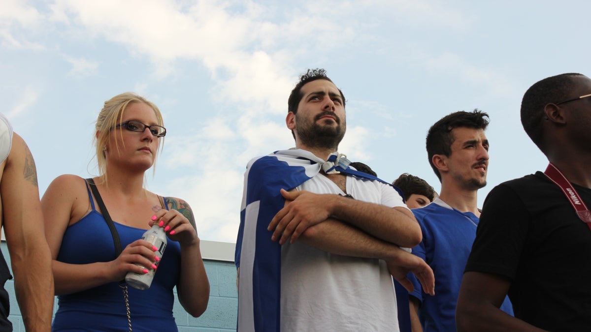  A fan wears the Greek flag around his neck during a FIFA match between Greece and Nigeria on Tuesday at PPL Park in Chester, Pa. (Emma Jacobs/WHYY) 