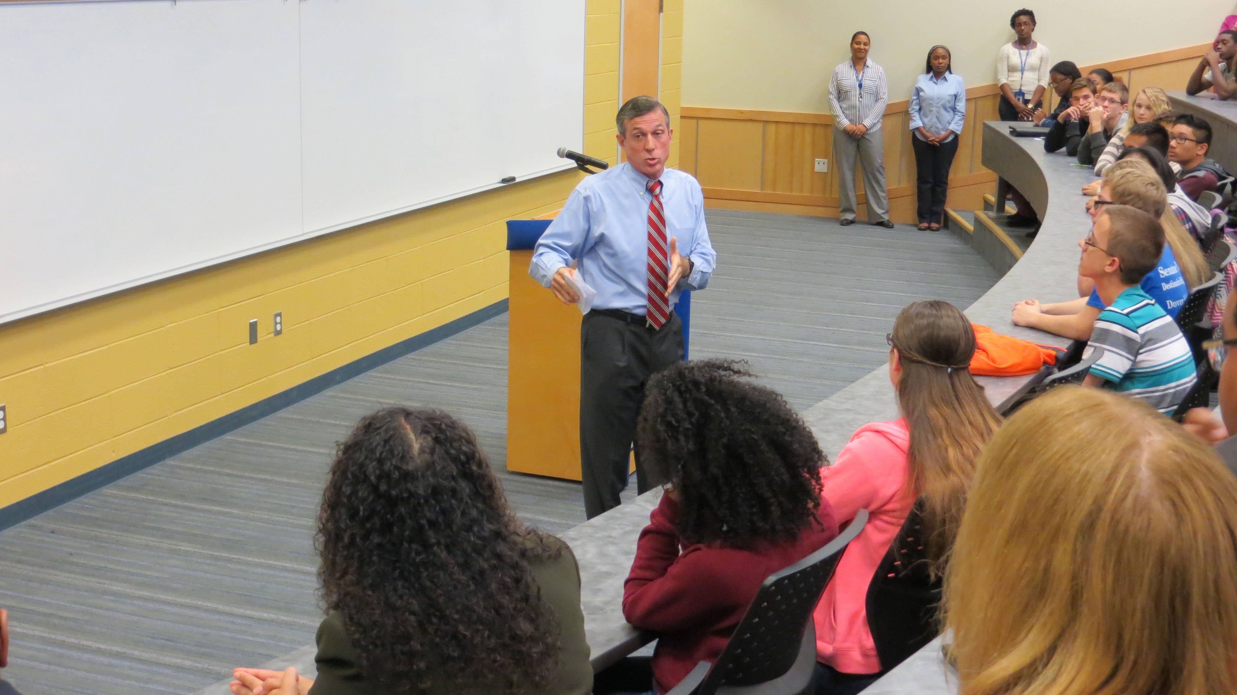  U.S. Congressman John Carney speaks to ninth- and tenth-graders at Dover High School. (Avi Wolfman-Arent, NewsWorks/WHYY) 